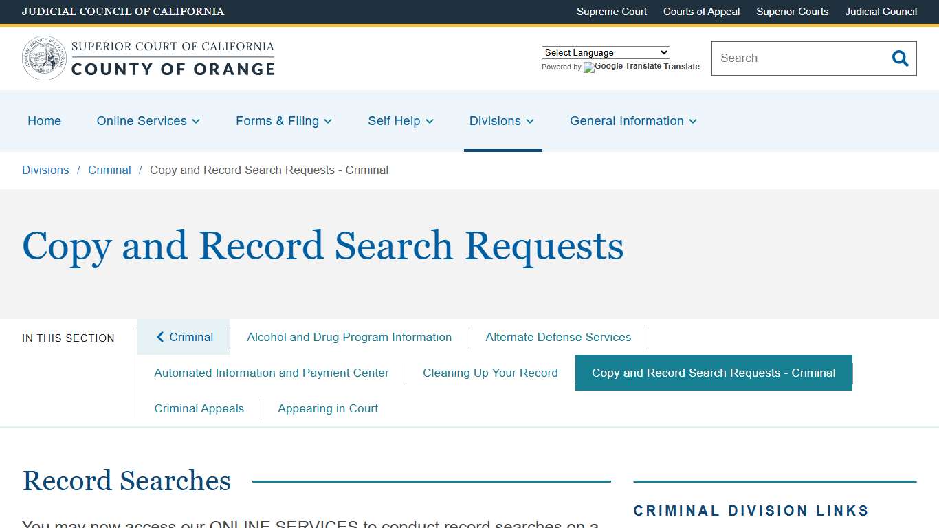 Copy and Record Search Requests - Criminal Superior Court of California County of Orange